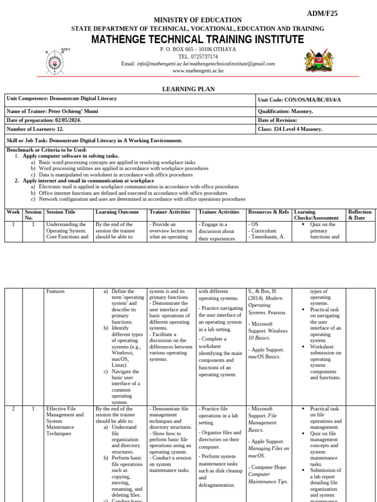 Digital Literacy Learning Plan for Masonry | PDF | Computer File ...