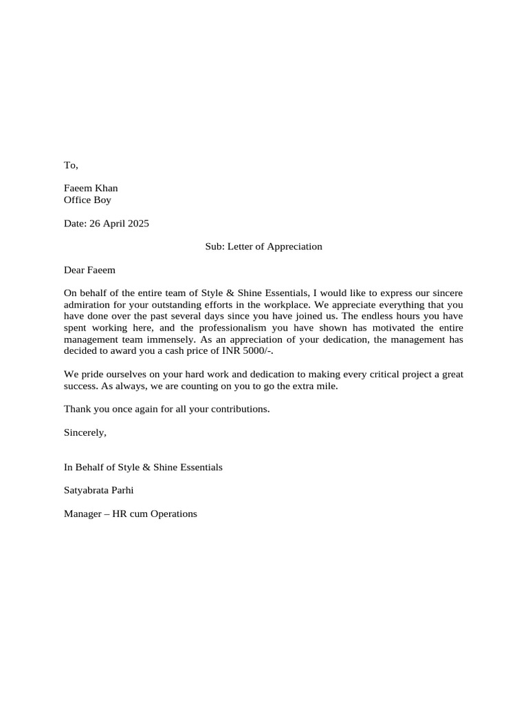 Letter of Appreciation for Faeem Khan | PDF
