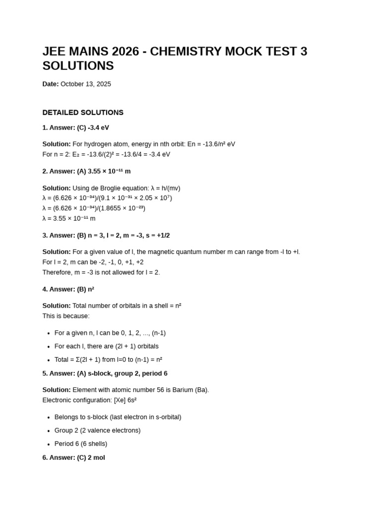 Chemistry Mock Test Solutions 2026 | PDF | Mole (Unit) | Chemical Bond