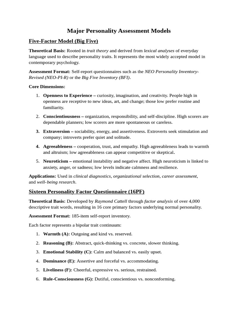 Overview of Major Personality Models | PDF | Extraversion And ...