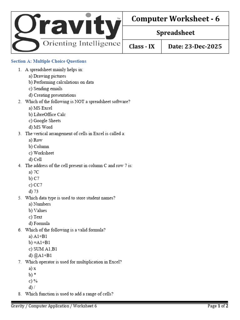 Excel Basics Worksheet for Class IX | PDF | Spreadsheet | Microsoft Excel