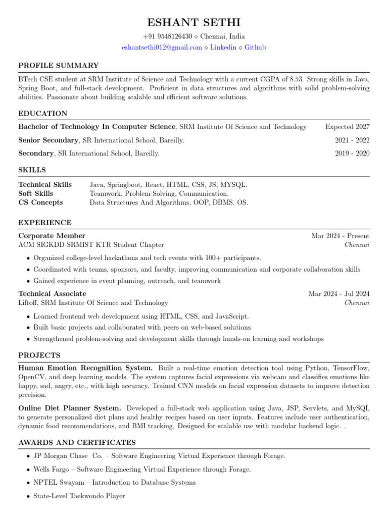 BTech CSE Student Profile - Eshant Sethi | PDF