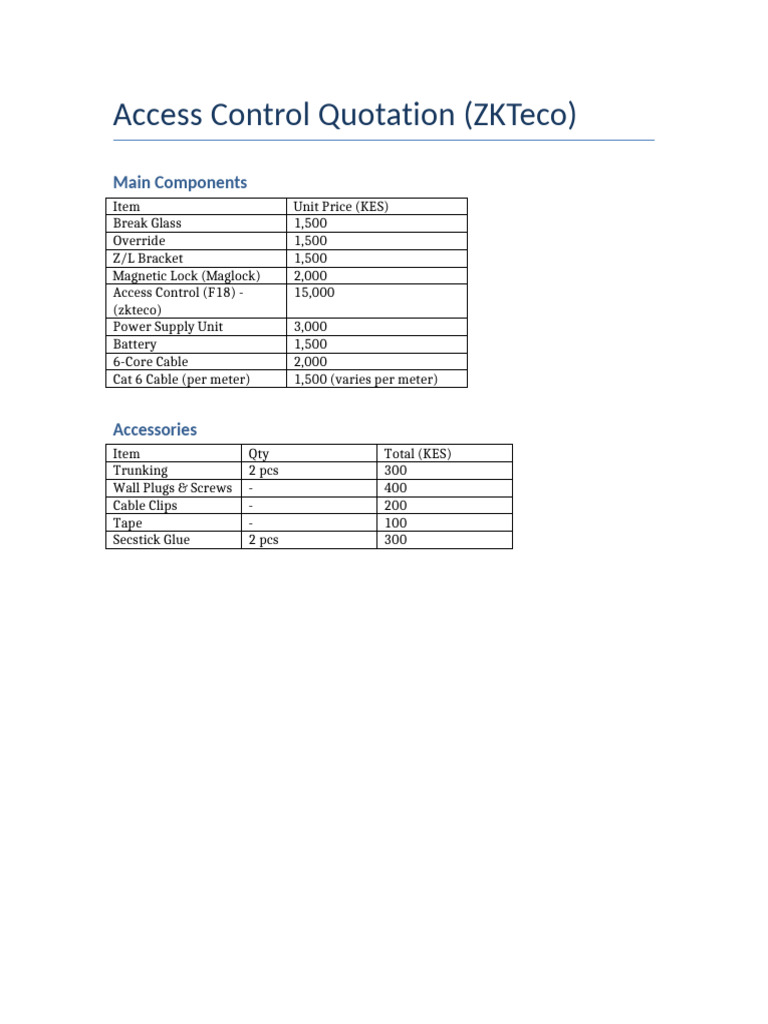 ZKTeco Access Control Quotation Details | PDF