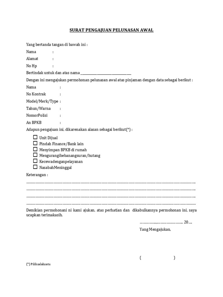 Permohonan Pelunasan Awal Pinjaman | PDF