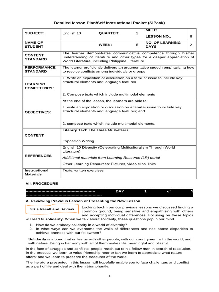 English 10 Exposition Lesson Plan | PDF | Essays | The Three Musketeers
