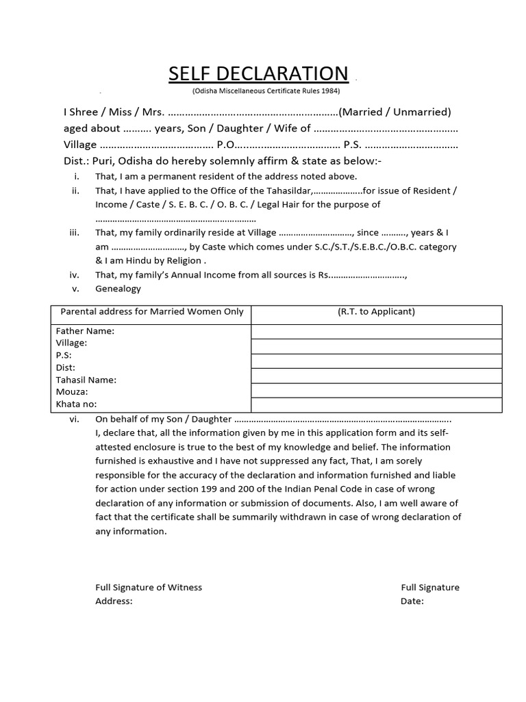 Odisha Self Declaration Form Template | PDF