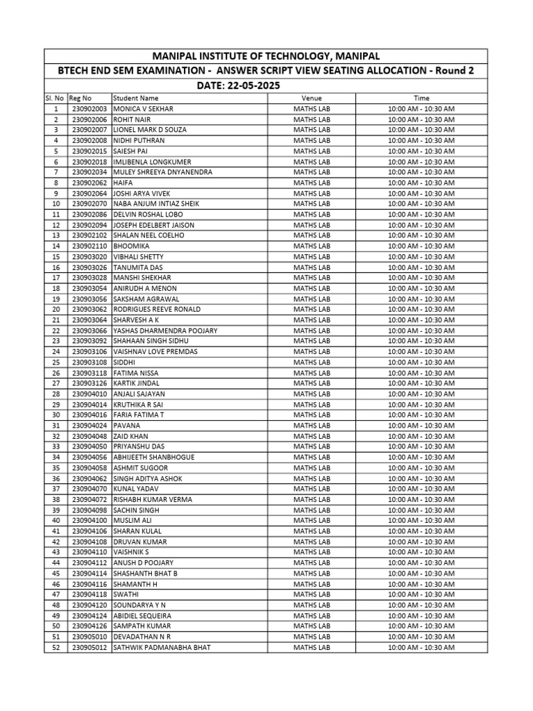 BTech End Sem Exam Seating Allocation | PDF