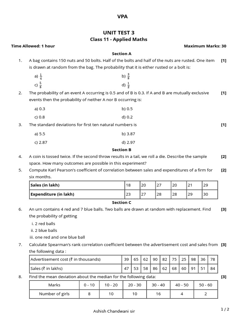Class 11 Applied Maths Unit Test 3 | PDF | Probability | Descriptive ...