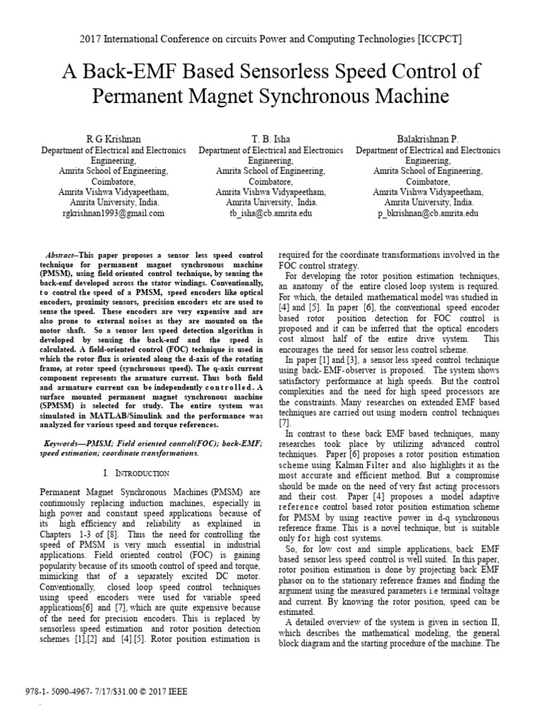 Sensorless Speed Control for PMSM | PDF | Electromagnetism | Magnetic ...
