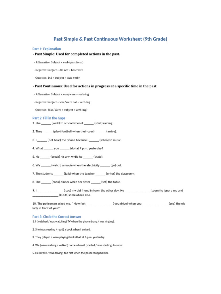 Past Simple vs. Past Continuous Worksheet | PDF