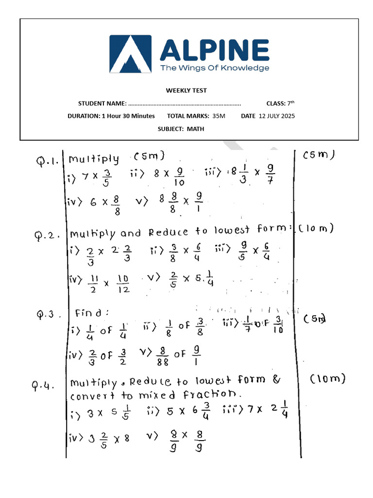 7th Grade Math Weekly Test 12 July 2025 | PDF