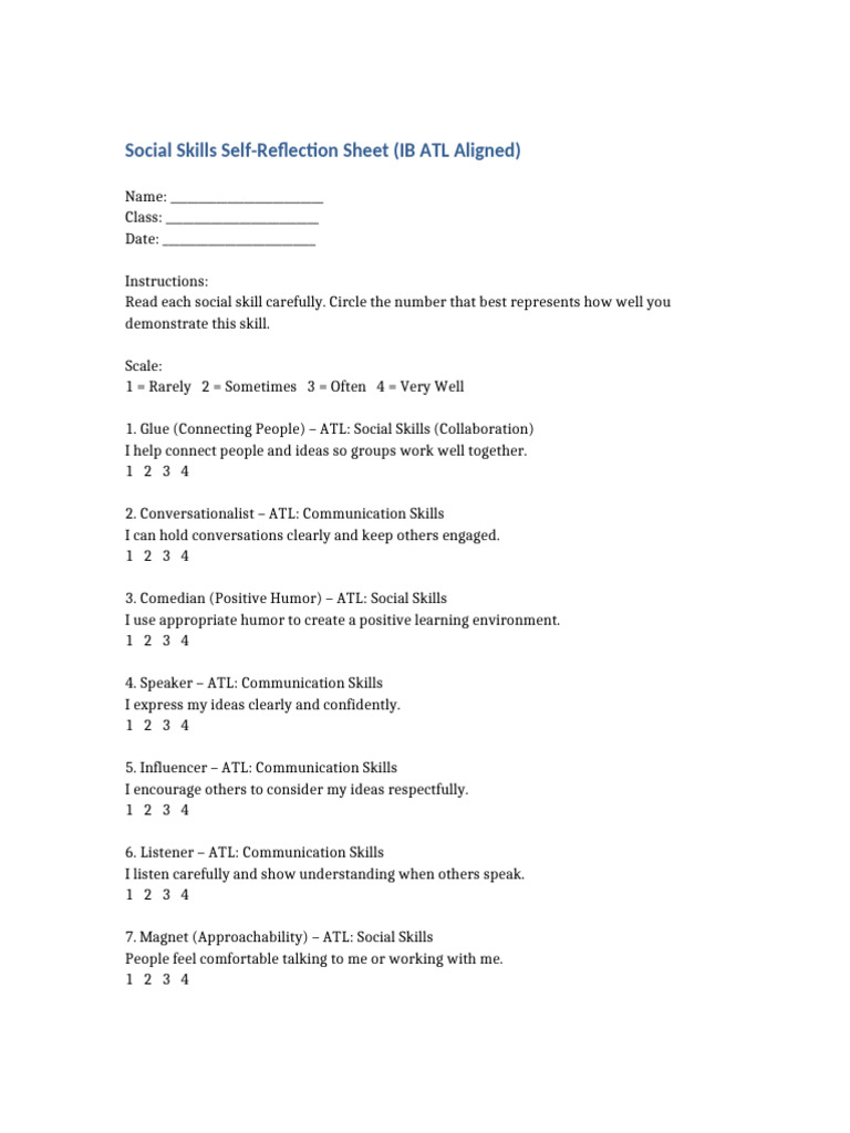 Social Skills IB ATL Reflection | PDF