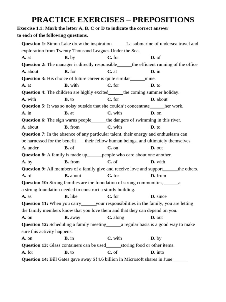 Preposition Practice Exercises | PDF | String Instruments