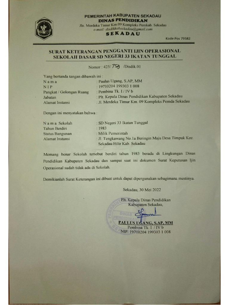 Surat Keterangan Pengganti Ijin Operasional Sekolah | PDF