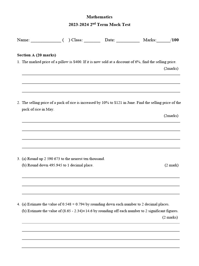 2023-2024 Math Mock Test Paper | PDF