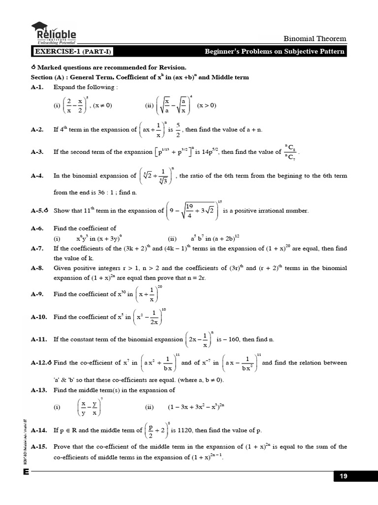 Binomial Theorem Exercises and Solutions | PDF | Numbers | Mathematical ...