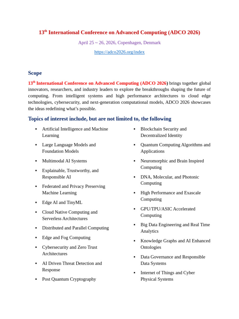 ADCO 2026: Advanced Computing Conference | PDF | Computing | Artificial ...