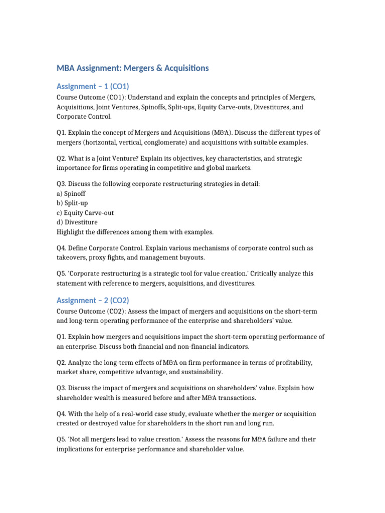 M&A Assignment 1 & 2 | PDF