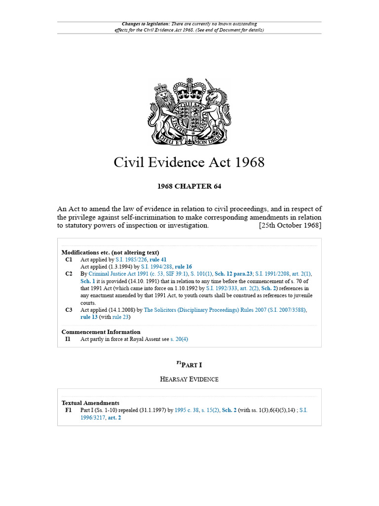 Overview of the Civil Evidence Act 1968 | PDF | Repeal | Indictment