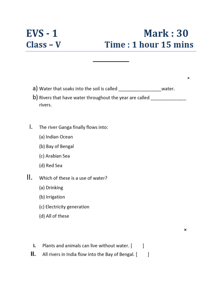 Class V EVS Water and Rivers Quiz | PDF