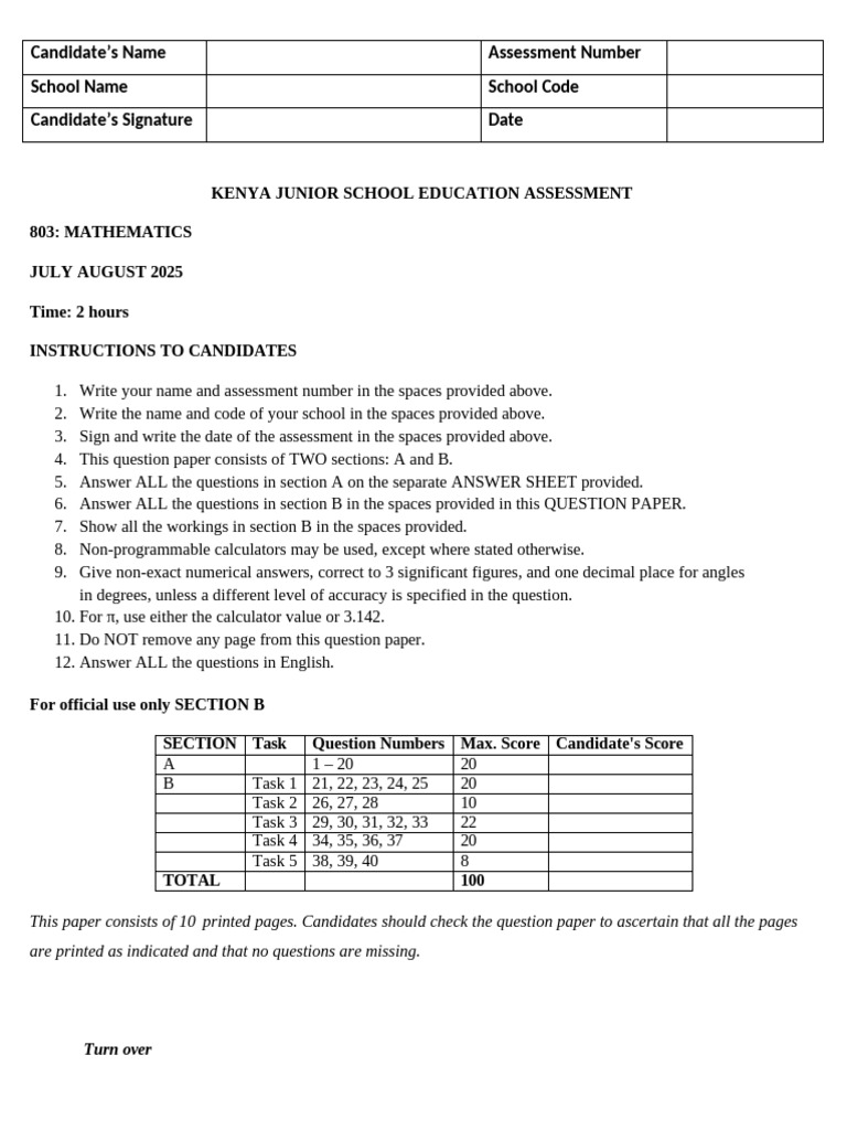 Kenya Junior School Math Assessment 2025 | PDF | Elementary Geometry ...