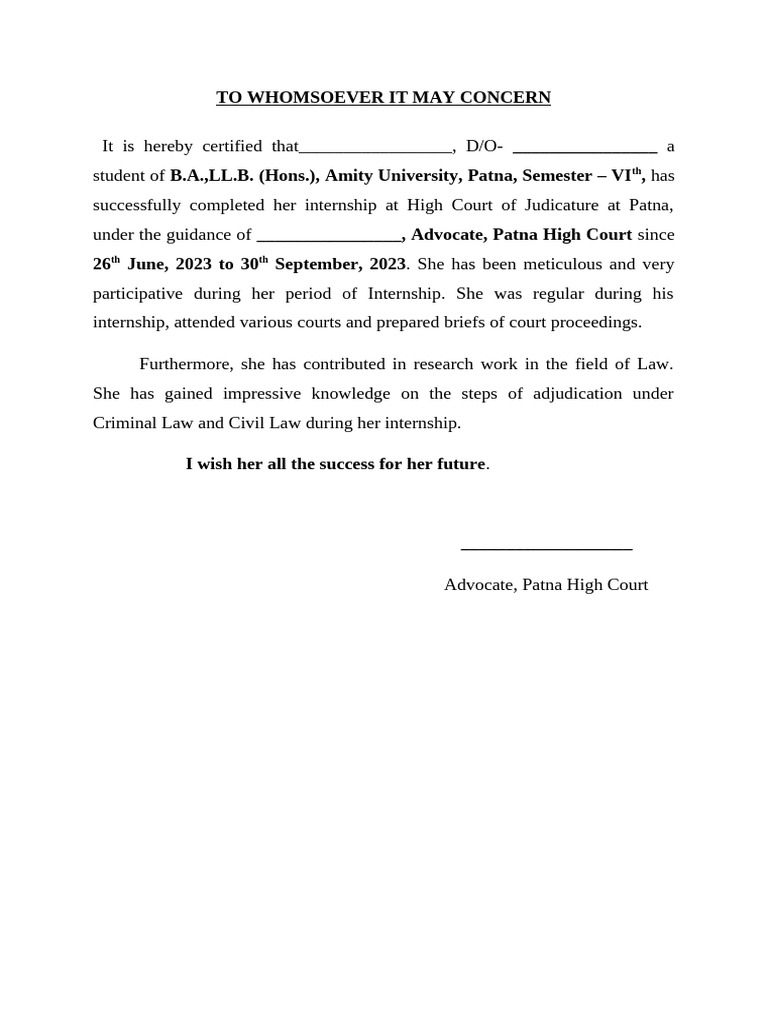 Internship Certificate for Law Student | PDF
