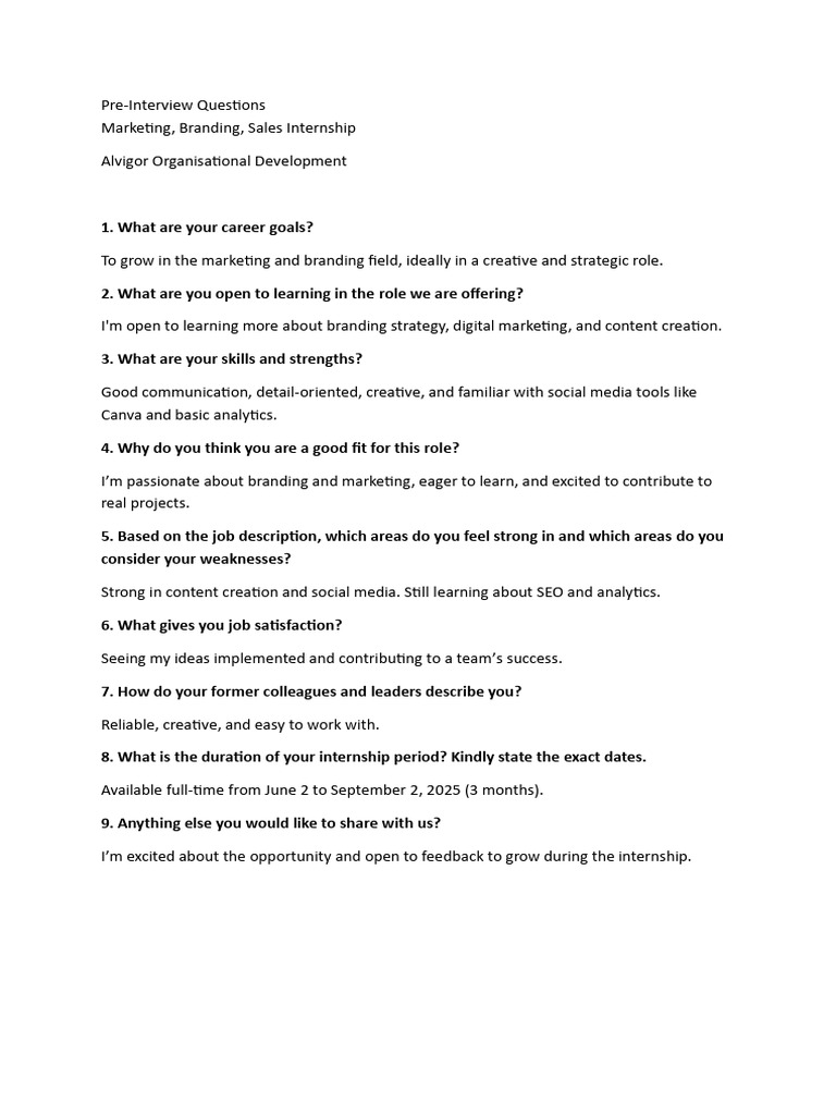 Pre-Interview Questions for Marketing Intern | PDF