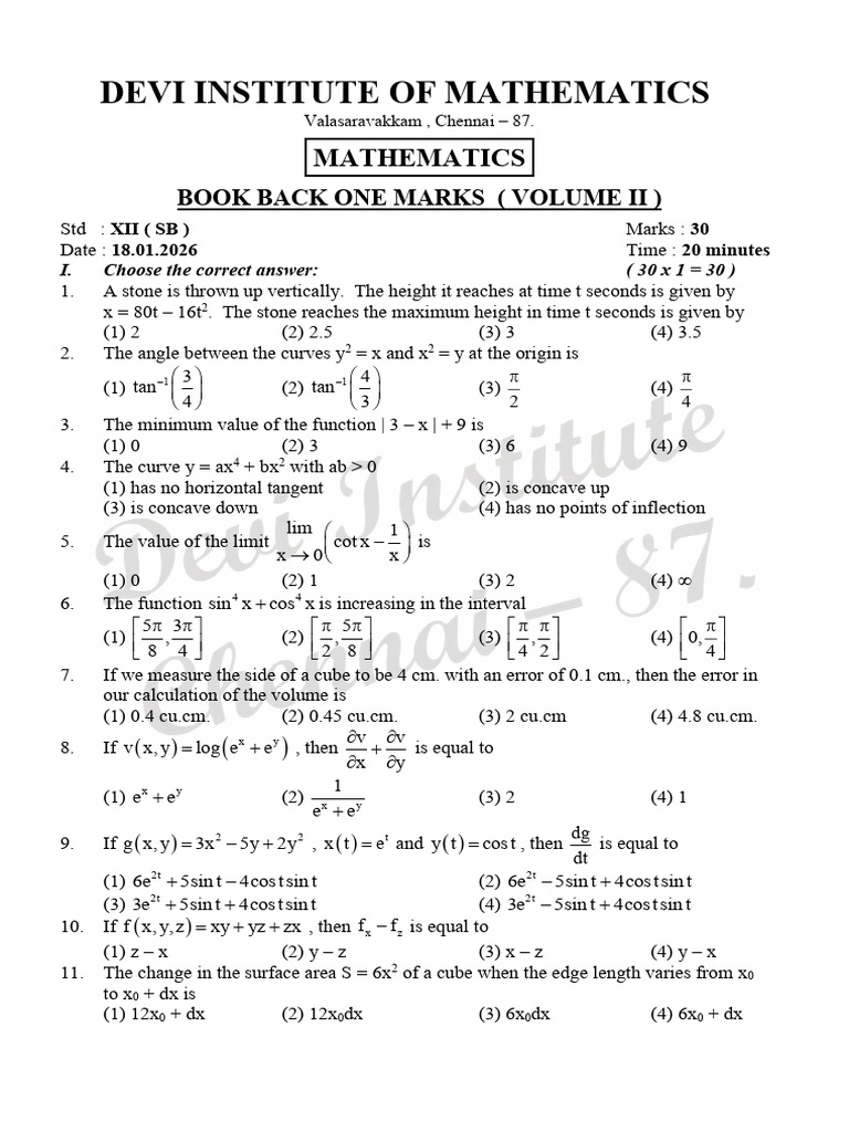 XII Mathematics One Mark Questions | PDF | Variance | Mathematical Analysis