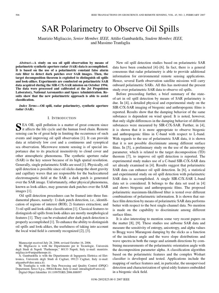 SAR Polarimetry To Observe Oil Spills | PDF | Remote Sensing