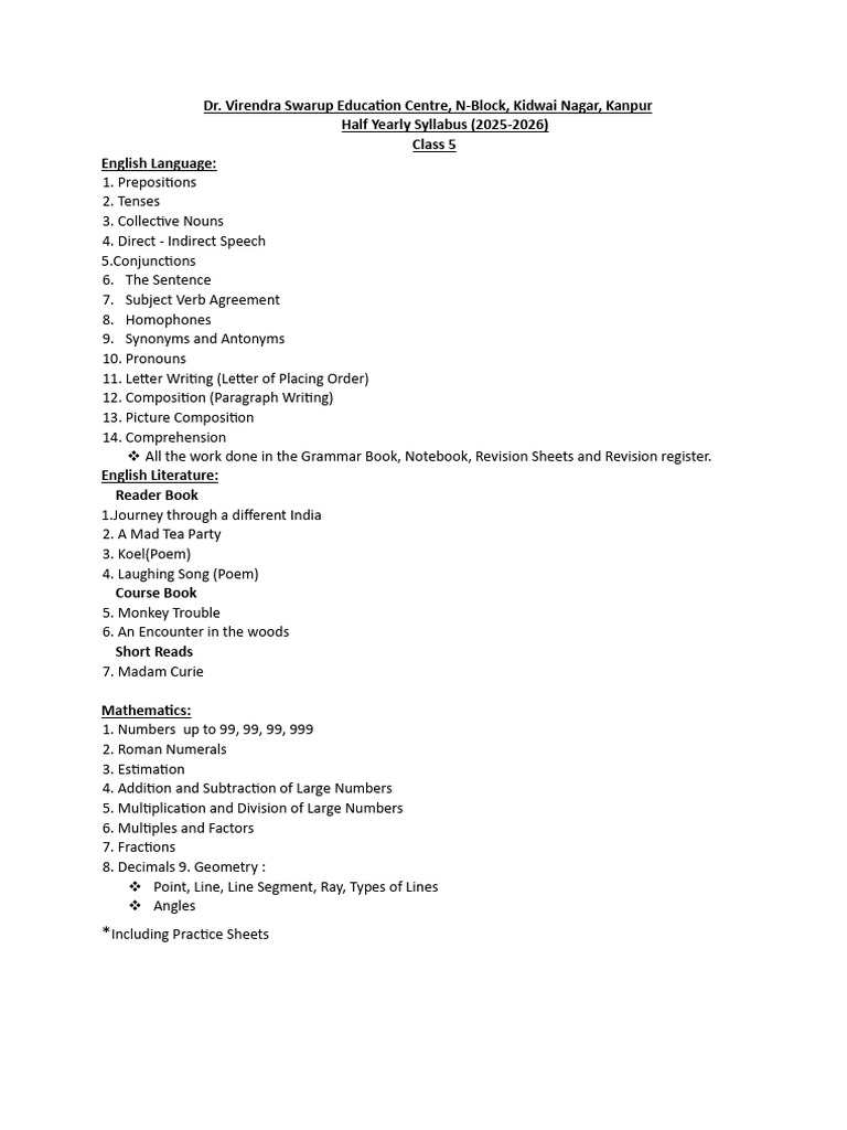 Class 5 Half Yearly Syllabus 2025-26 | PDF