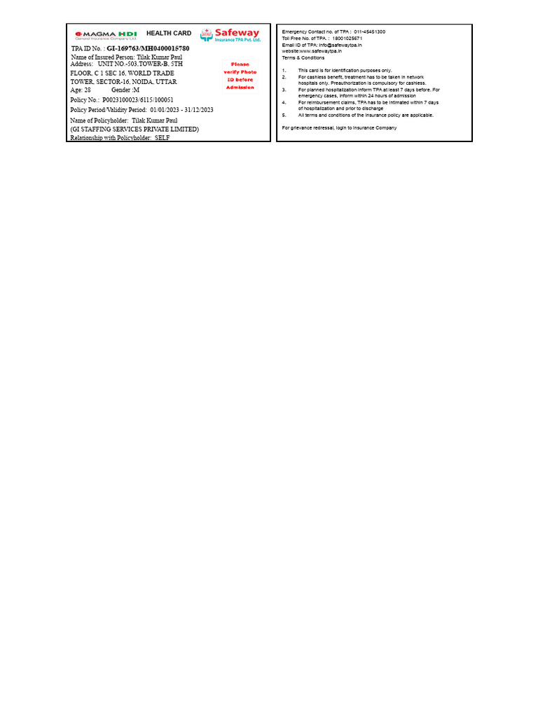 Health Insurance Card Details for Tilak Paul | PDF