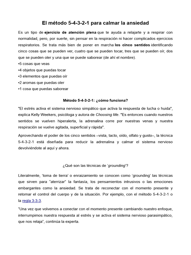 Método 5-4-3-2-1 para calmar la ansiedad | PDF
