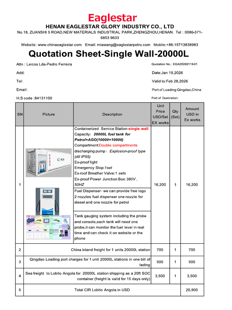 Quotation Sheet-Container Station Single Wall 20000L - 2026!1!19 | PDF