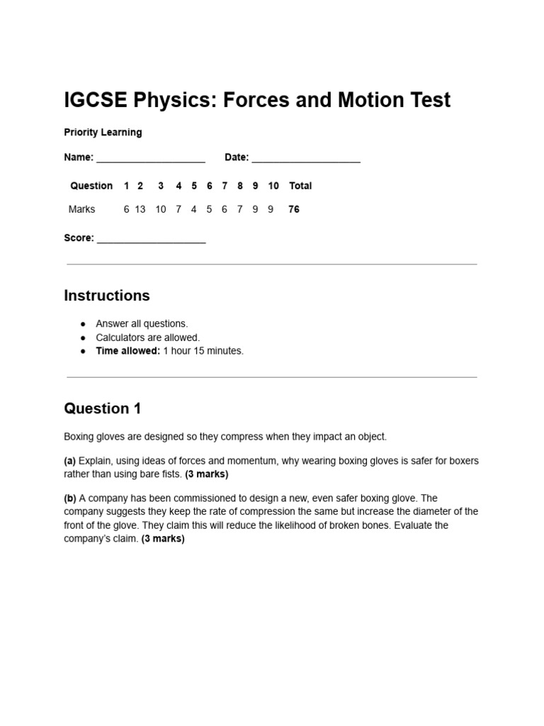IGCSE Physics Forces & Motion Test | PDF | Force | Velocity