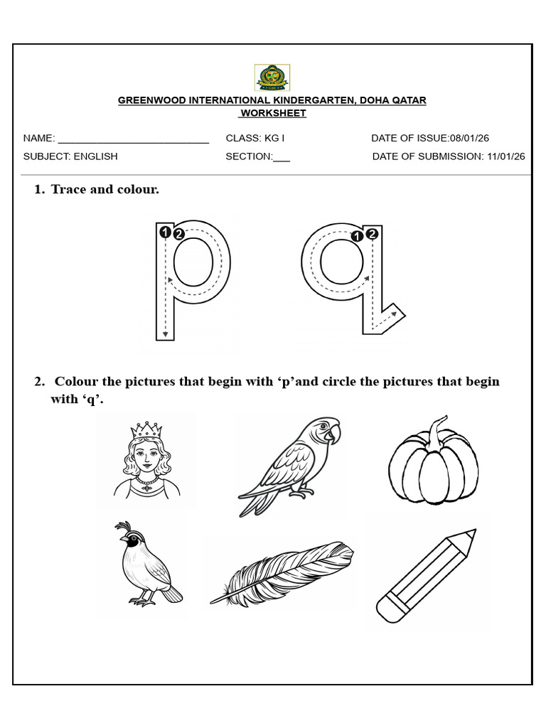 Kindergarten English Worksheet: Letters P & Q | PDF