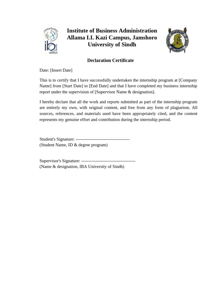 Internship Declaration Certificate Template | PDF