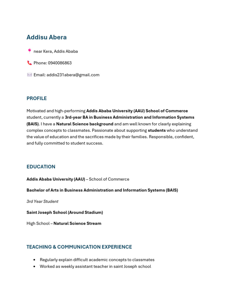 Addis Ababa Student Tutor Profile | PDF