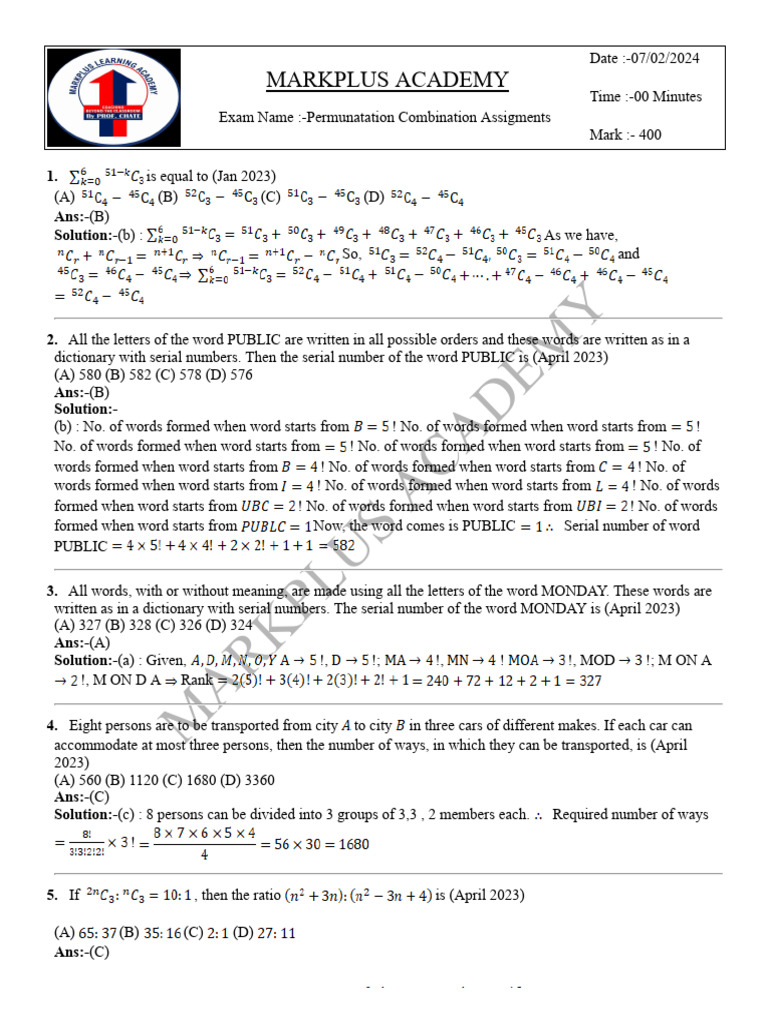 Permutation and Combination Assignments | PDF | Set (Mathematics) | Numbers