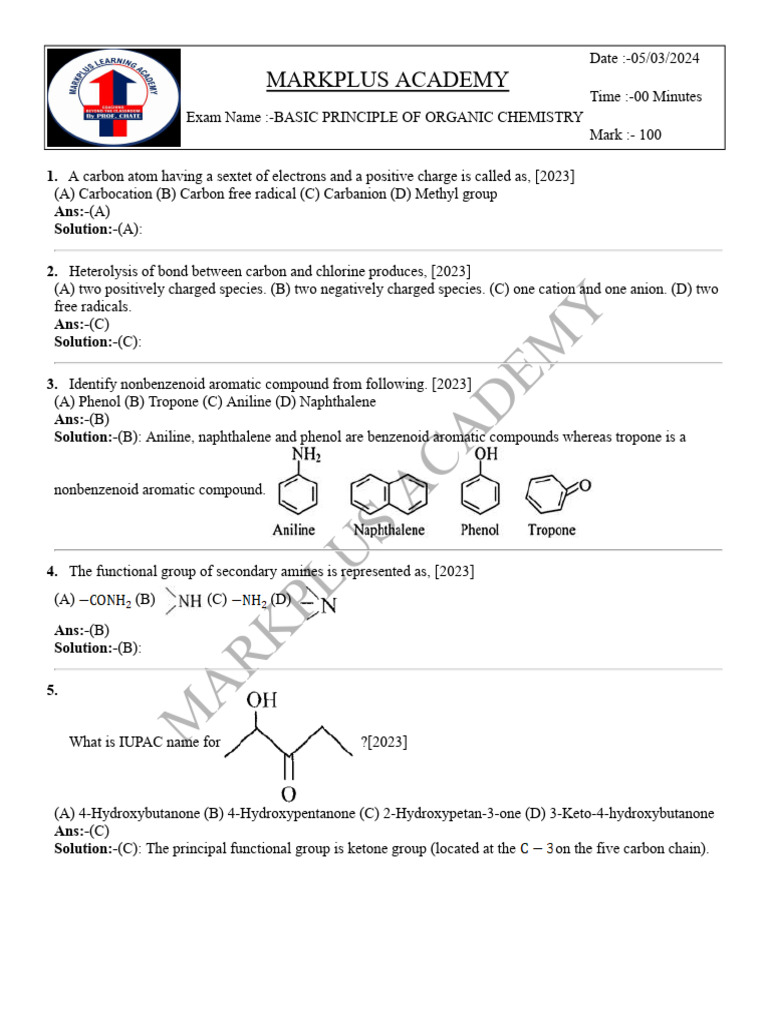 Organic Chemistry Exam Questions 2024 | PDF | Aromaticity | Covalent Bond