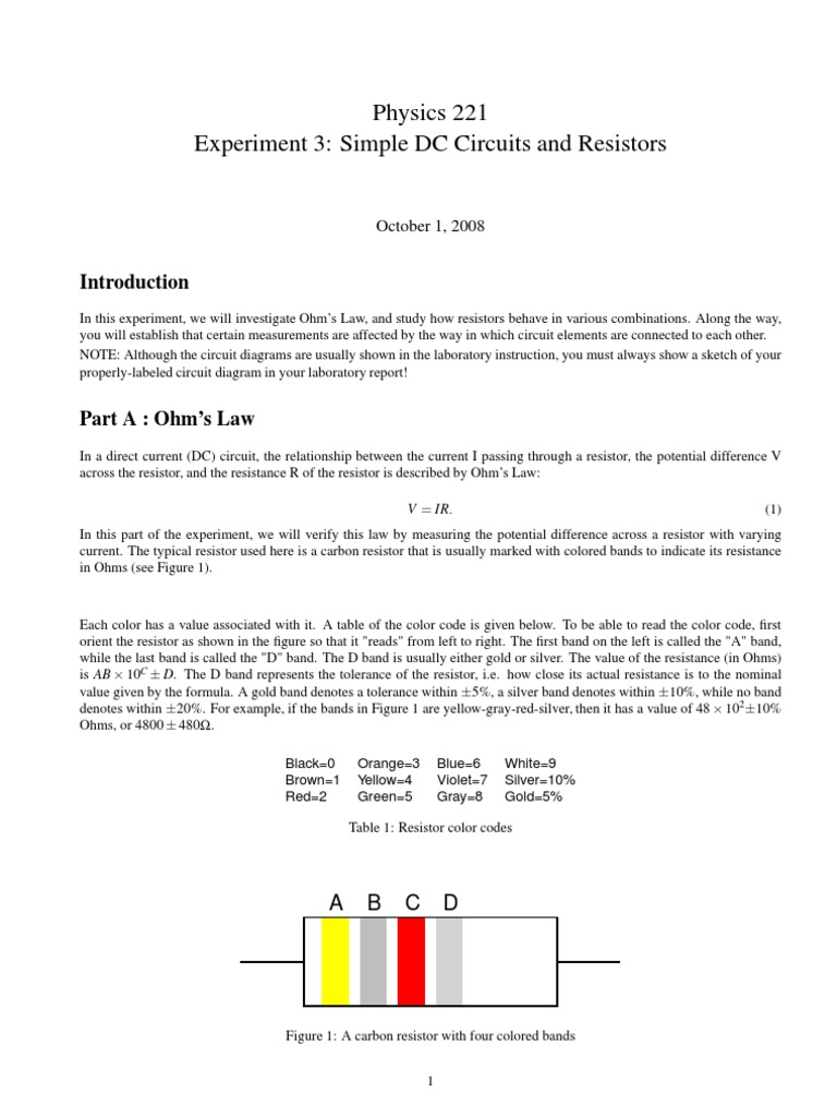 Physics 221 Experiment 3: Simple DC Circuits and Resistors: October 1 ...