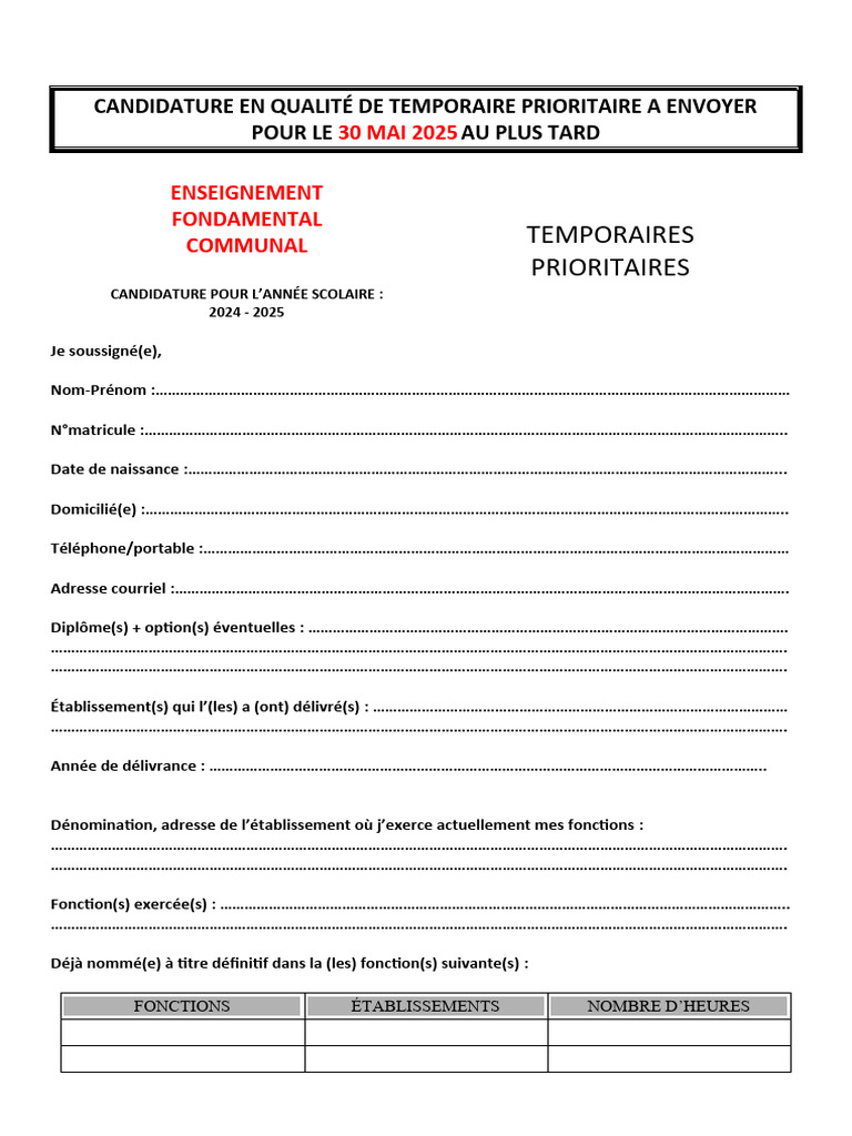 Candidature Temporaire Prioritaire 2024-2025 | PDF
