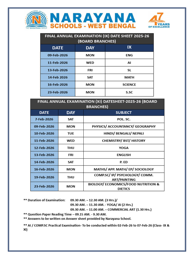 XI & IX Final Exam Datesheet 2025-26 | PDF