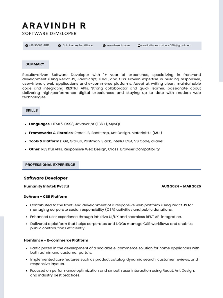 Software Developer Resume - Aravindh R | PDF | Web Design | Software ...