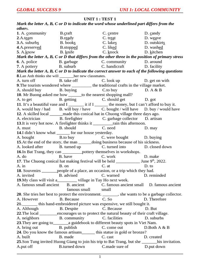 Local Community Vocabulary and Grammar Test | PDF