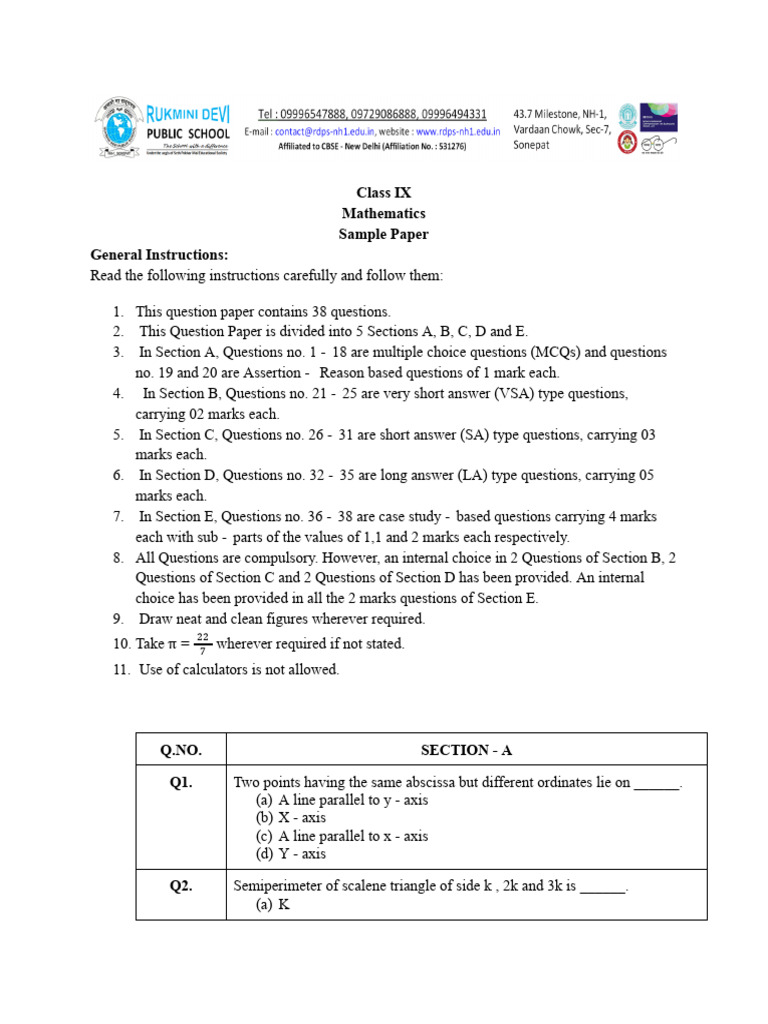 Class IX Mathematics Sample Paper | PDF | Area | Triangle