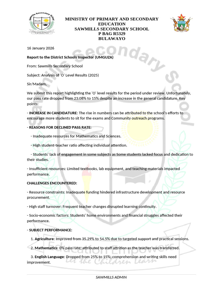 Sawmills Secondary School 'O' Level Results Analysis | PDF | Teachers