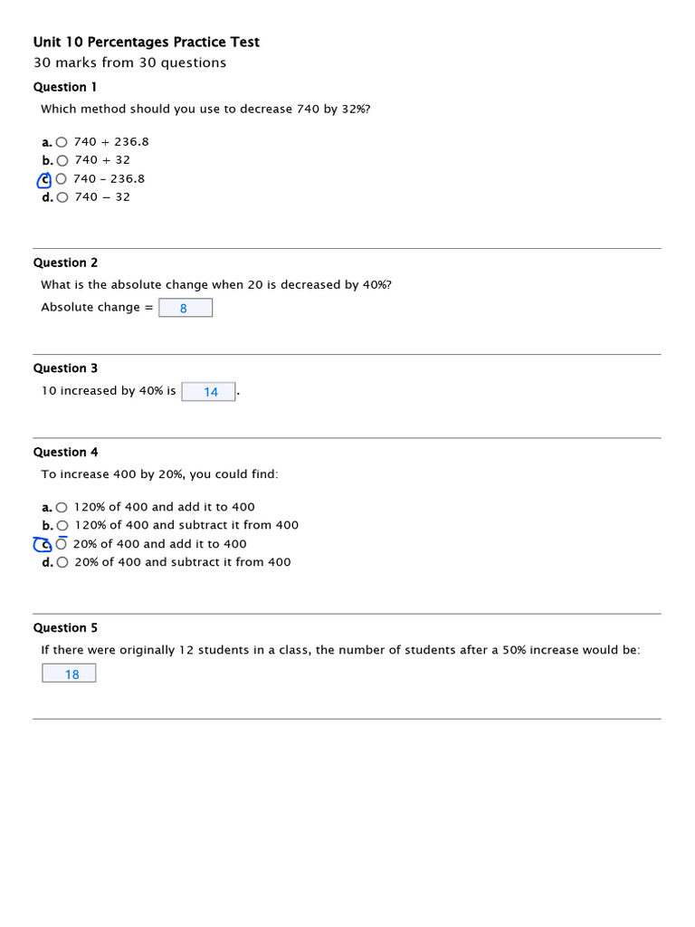 Percentages Practice Test Questions | PDF | Area | Length