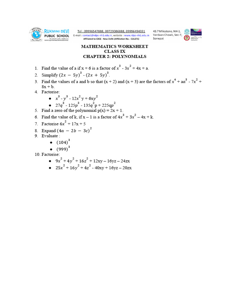 Mathematics Worksheet Polynomials | PDF