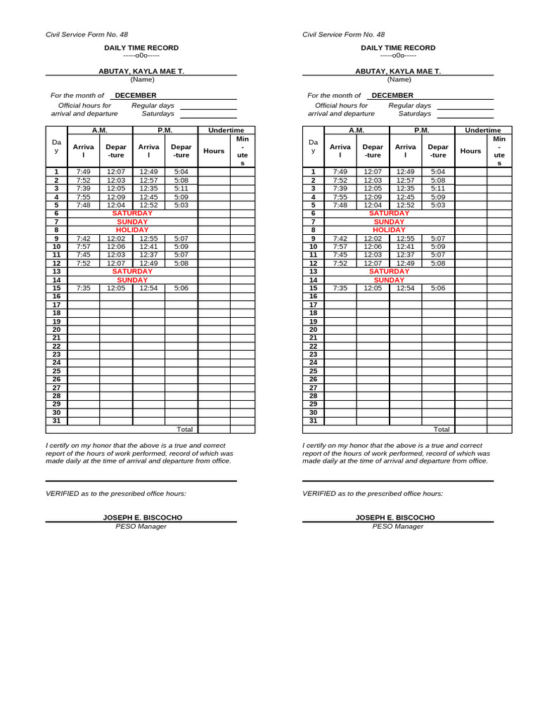 December Daily Time Record Form | PDF