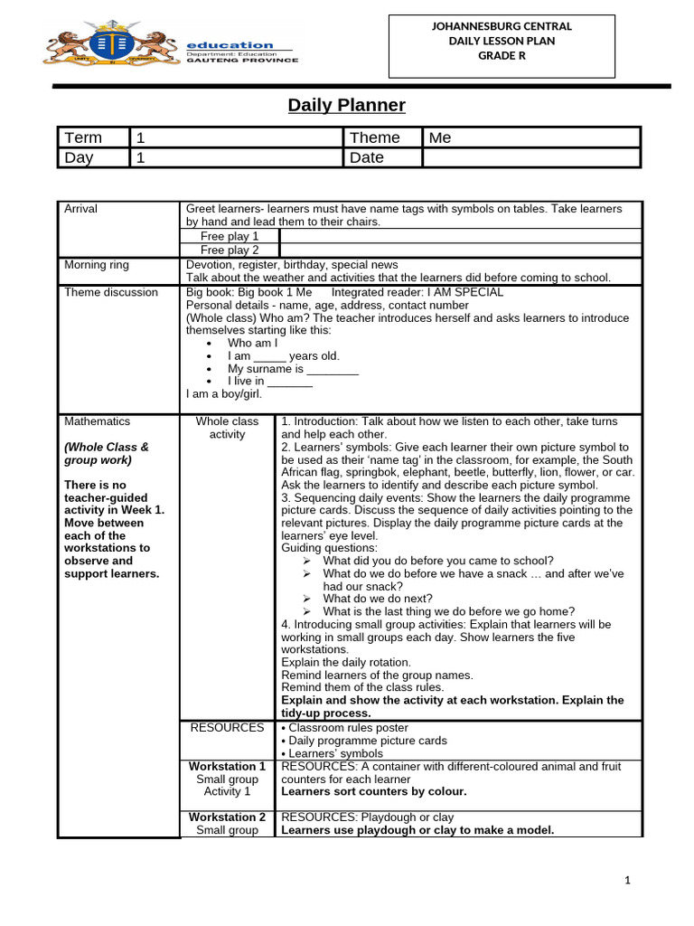 Grade R Daily Lesson Plan: Me Theme | PDF | Lesson Plan | Storytelling